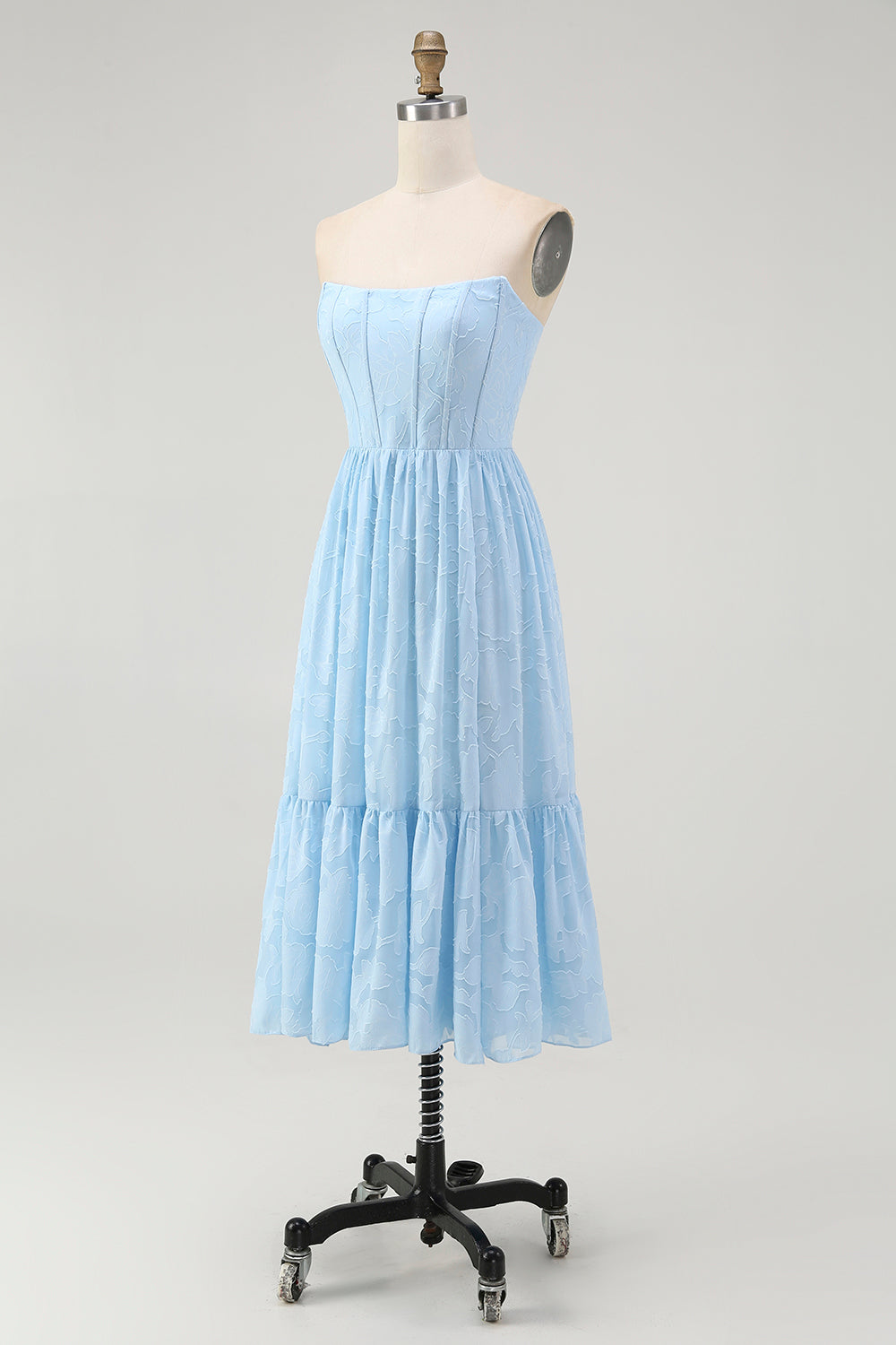 Sky Blue Corset Strapless A Line Midi Bridesmaid Dress
