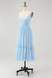 Sky Blue Corset Strapless A Line Midi Bridesmaid Dress