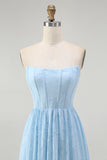 Sky Blue Corset Strapless A Line Midi Bridesmaid Dress