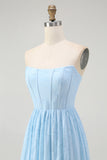 Sky Blue Corset Strapless A Line Midi Bridesmaid Dress