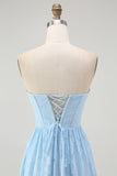 Sky Blue Corset Strapless A Line Midi Bridesmaid Dress
