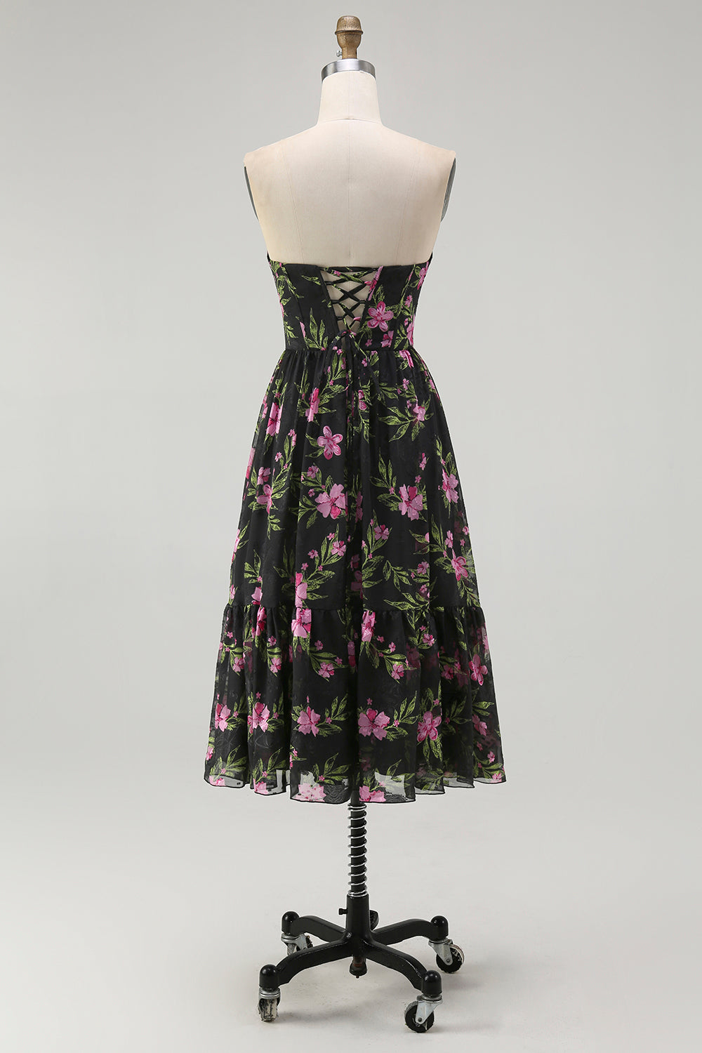 Black Pink Corset Floral Strapless Midi Bridesmaid Dress
