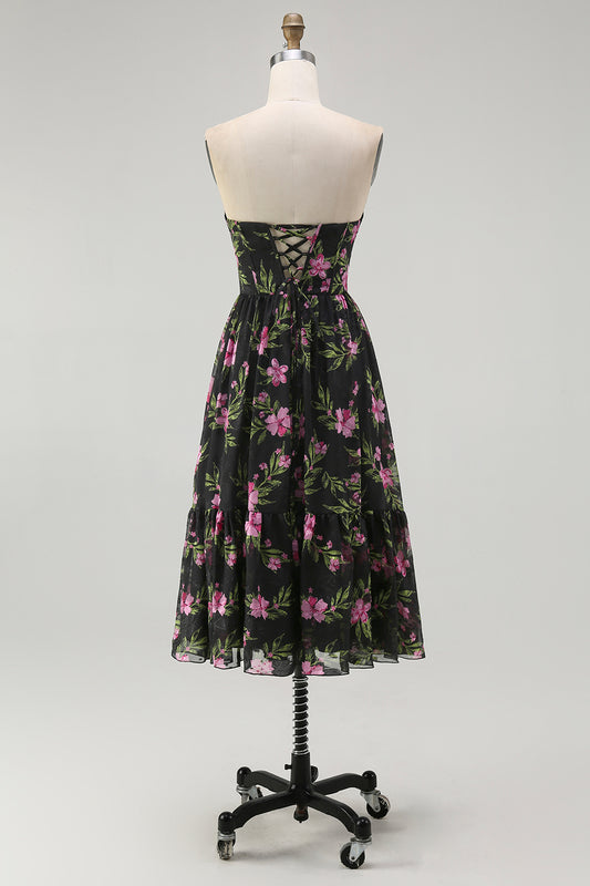 Black Pink Corset Floral Strapless Midi Bridesmaid Dress