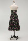 Black Pink Corset Floral Strapless Midi Bridesmaid Dress