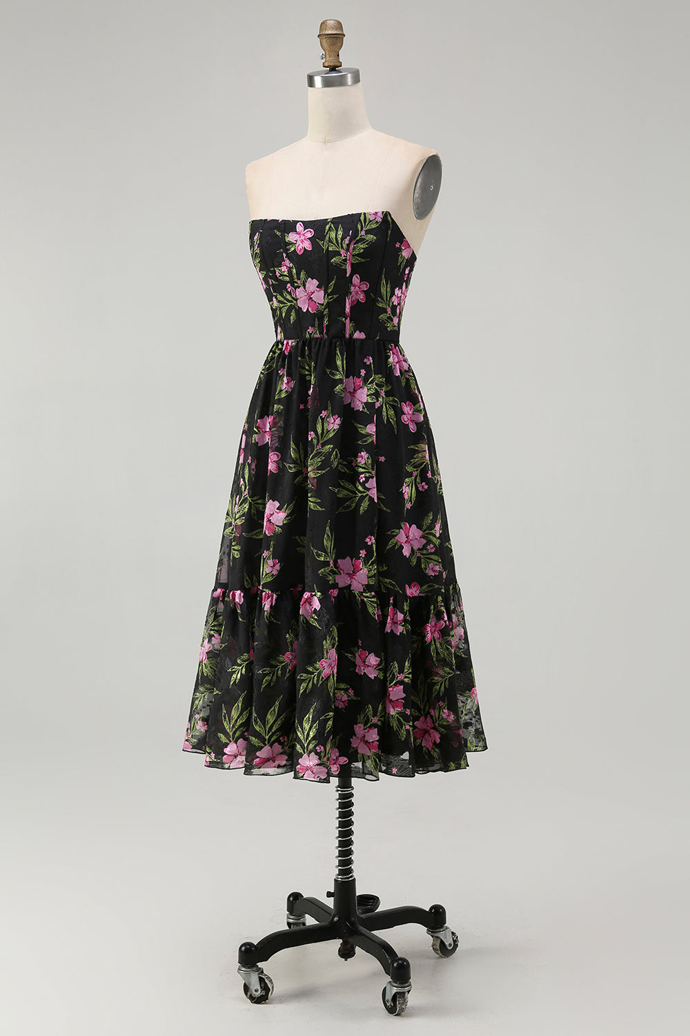 Black Pink Corset Floral Strapless Midi Bridesmaid Dress