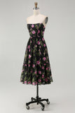 Black Pink Corset Floral Strapless Midi Bridesmaid Dress