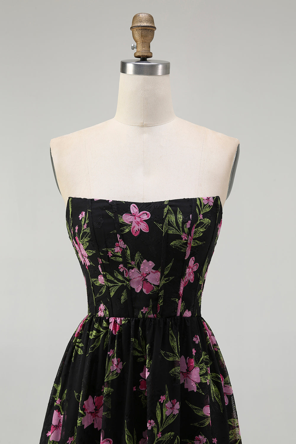 Black Pink Corset Floral Strapless Midi Bridesmaid Dress
