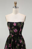 Black Pink Corset Floral Strapless Midi Bridesmaid Dress