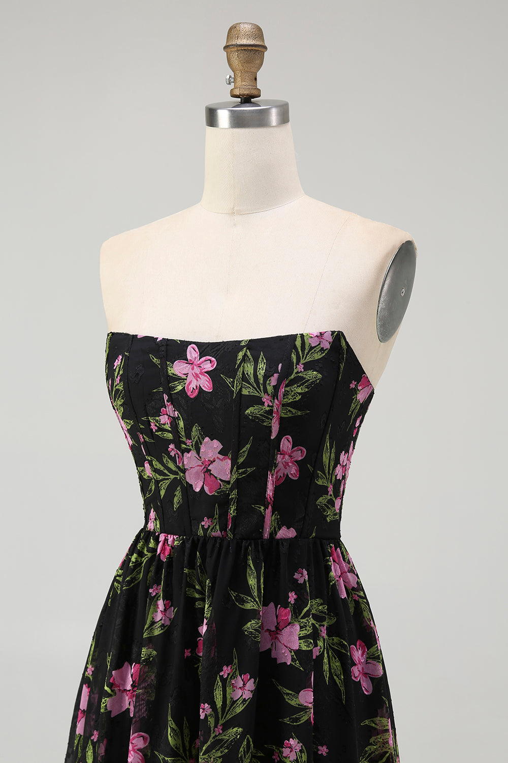 Black Pink Corset Floral Strapless Midi Bridesmaid Dress