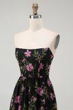 Black Pink Corset Floral Strapless Midi Bridesmaid Dress