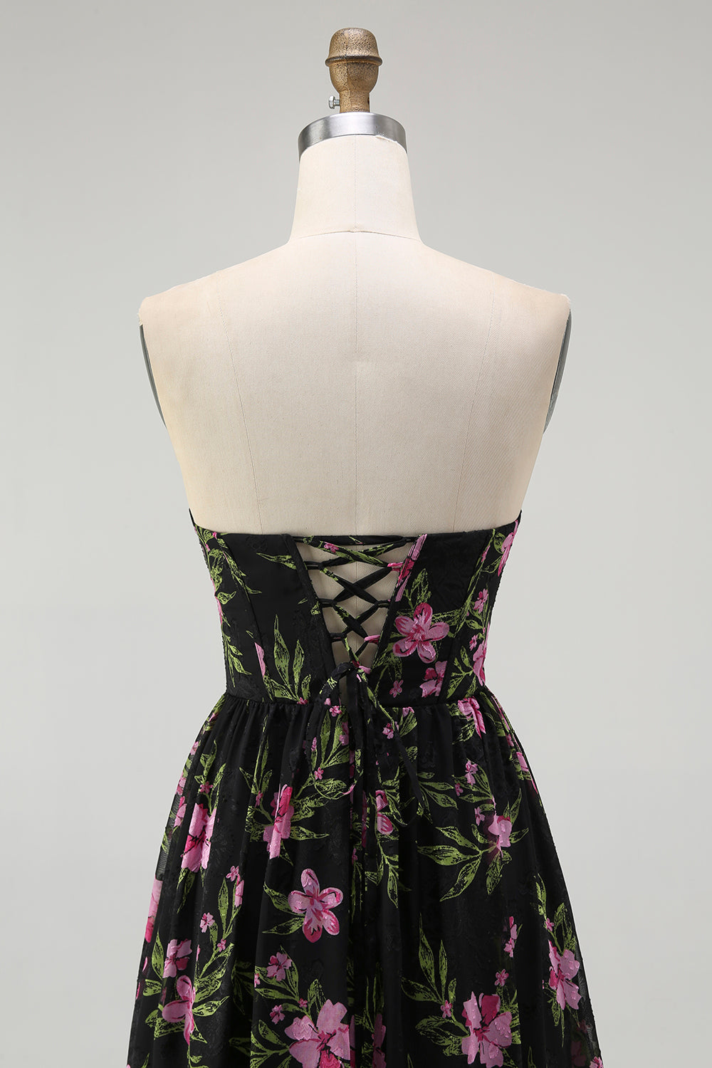 Black Pink Corset Floral Strapless Midi Bridesmaid Dress
