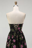 Black Pink Corset Floral Strapless Midi Bridesmaid Dress