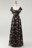 Black Pink Floral Chiffon Long Bridesmaid Dress with Sleeves