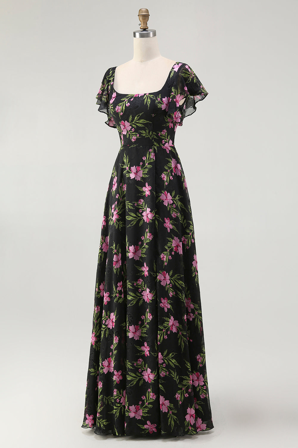 Black Pink Floral Chiffon Long Bridesmaid Dress with Sleeves