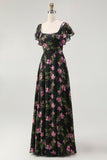 Black Pink Floral Chiffon Long Bridesmaid Dress with Sleeves