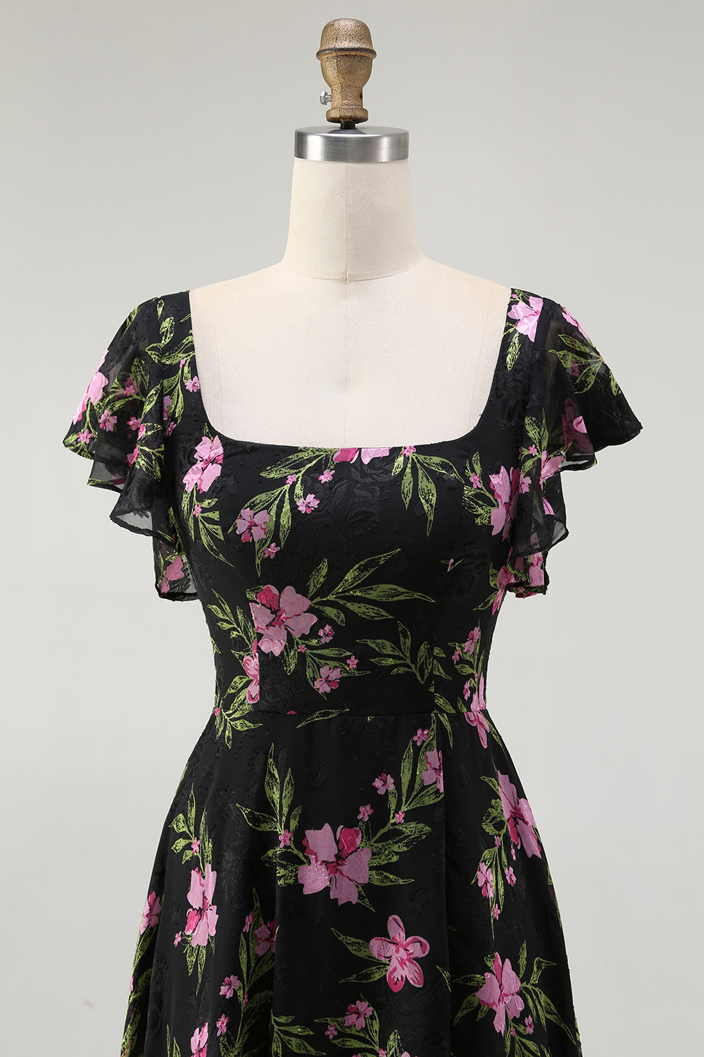 Black Pink Floral Chiffon Long Bridesmaid Dress with Sleeves