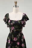 Black Pink Floral Chiffon Long Bridesmaid Dress with Sleeves