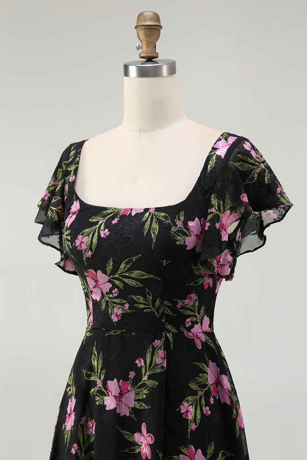 Black Pink Floral Chiffon Long Bridesmaid Dress with Sleeves