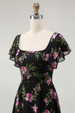 Black Pink Floral Chiffon Long Bridesmaid Dress with Sleeves