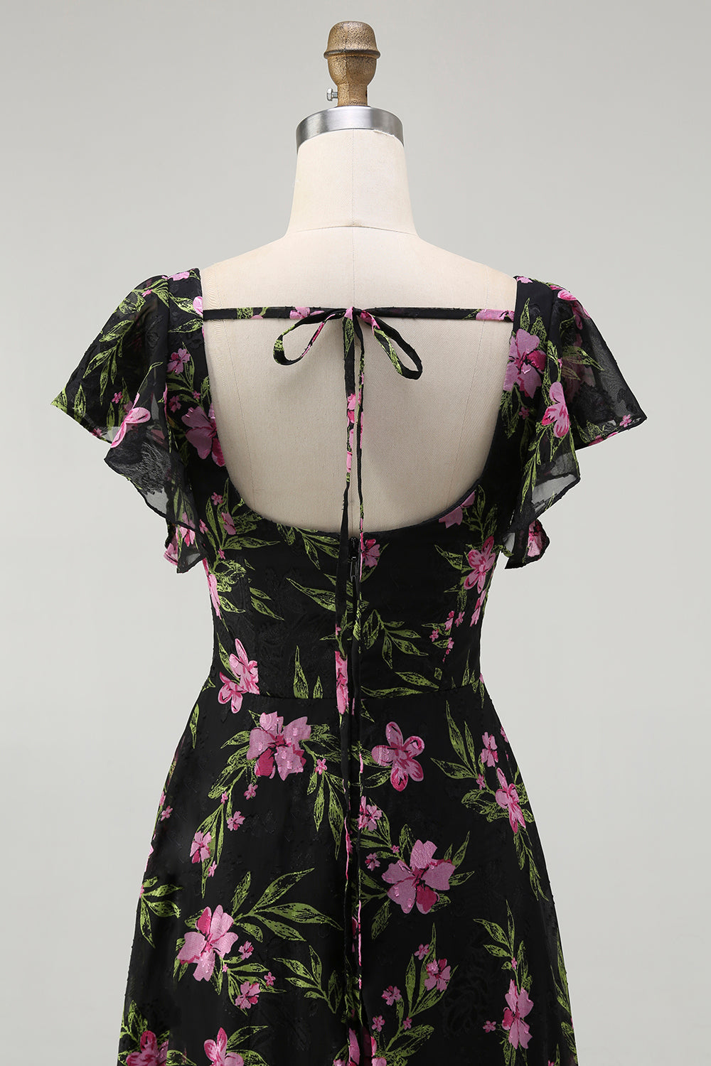 Black Pink Floral Chiffon Long Bridesmaid Dress with Sleeves