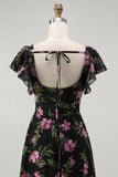Black Pink Floral Chiffon Long Bridesmaid Dress with Sleeves