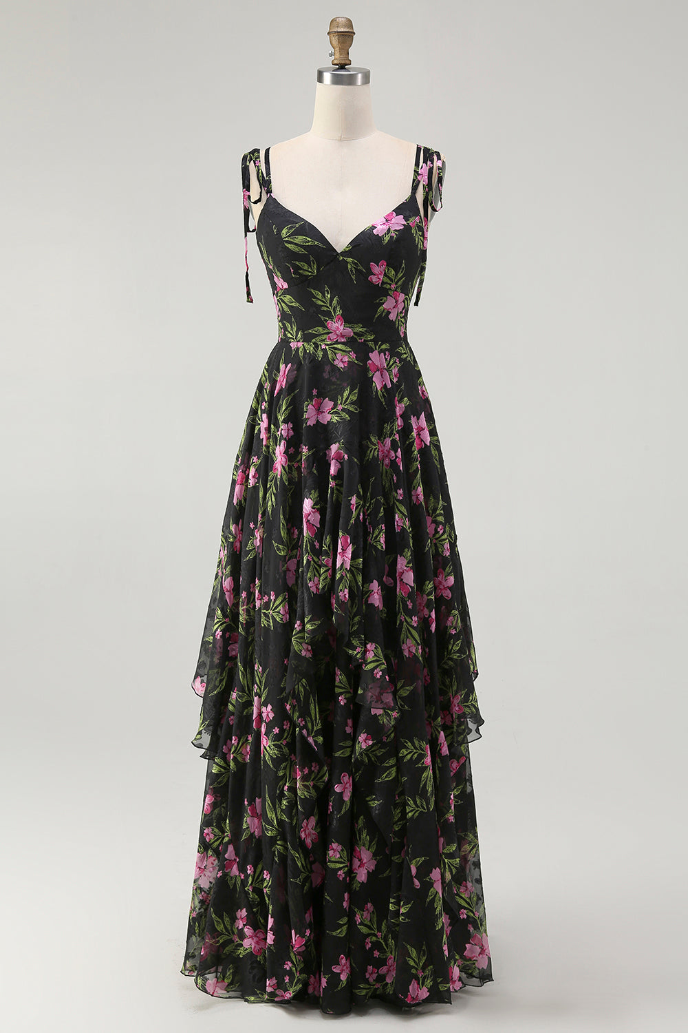 Black Pink Floral V-Neck Chiffon Long Bridesmaid Dress