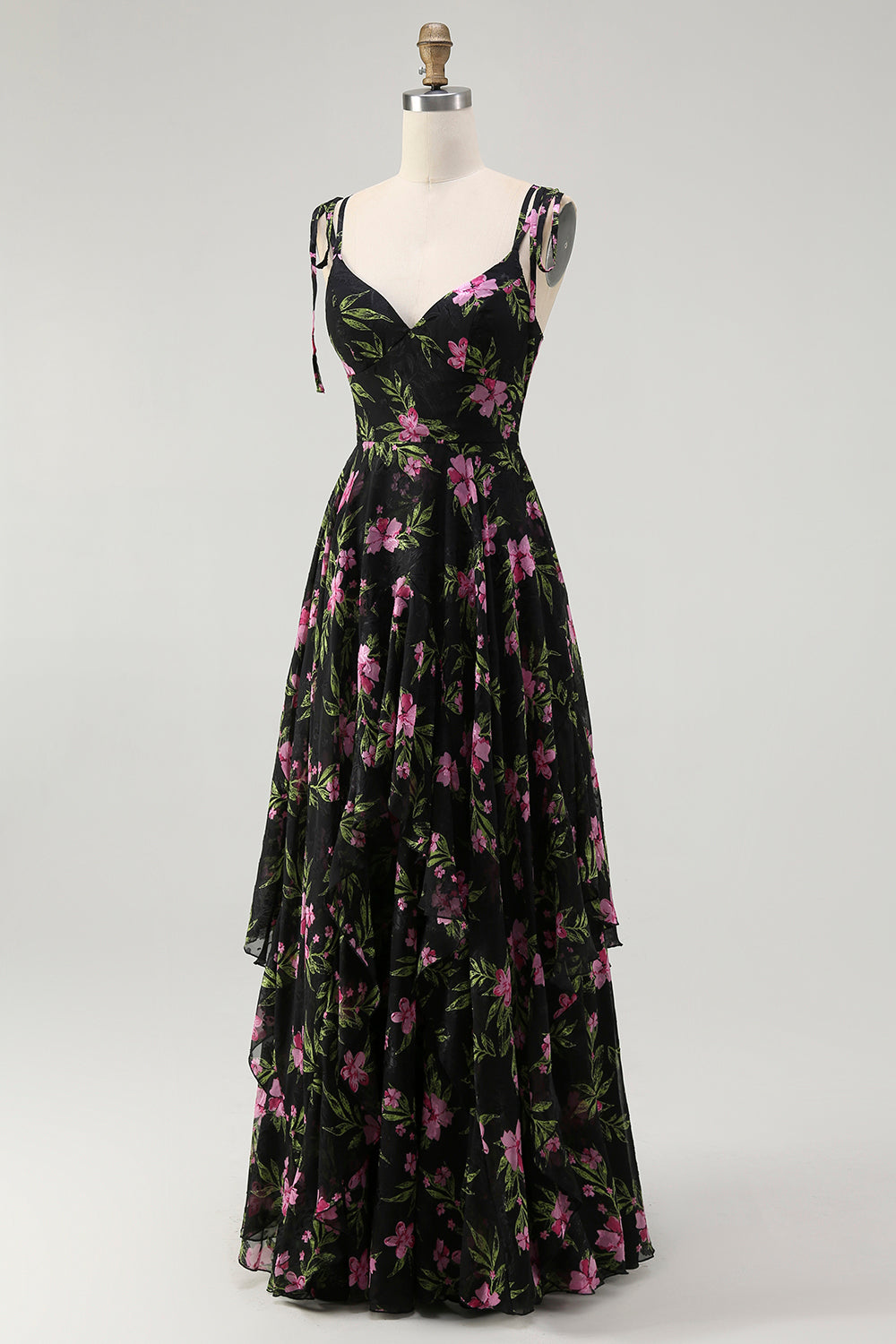 Black Pink Floral V-Neck Chiffon Long Bridesmaid Dress