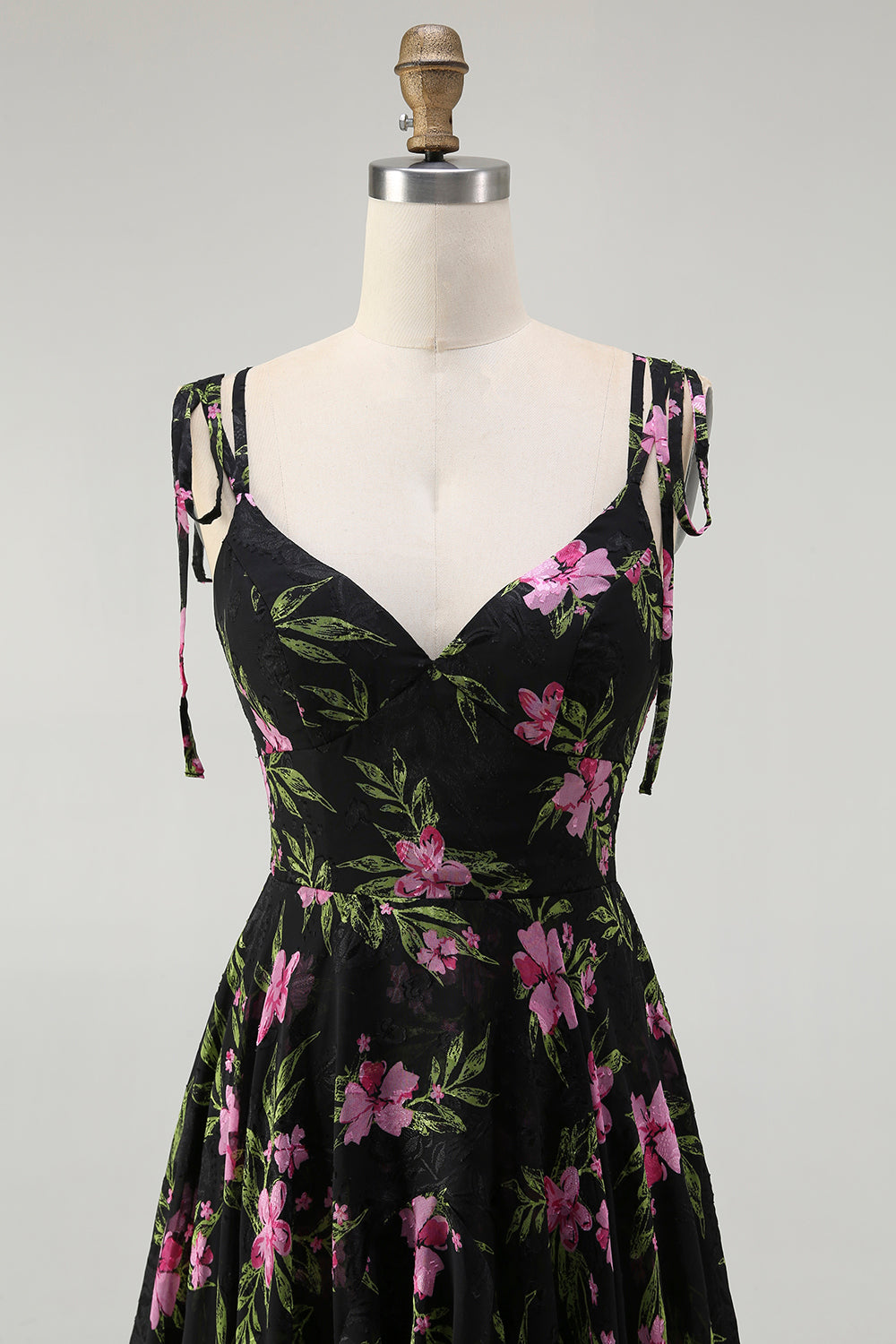 Black Pink Floral V-Neck Chiffon Long Bridesmaid Dress