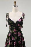 Black Pink Floral V-Neck Chiffon Long Bridesmaid Dress