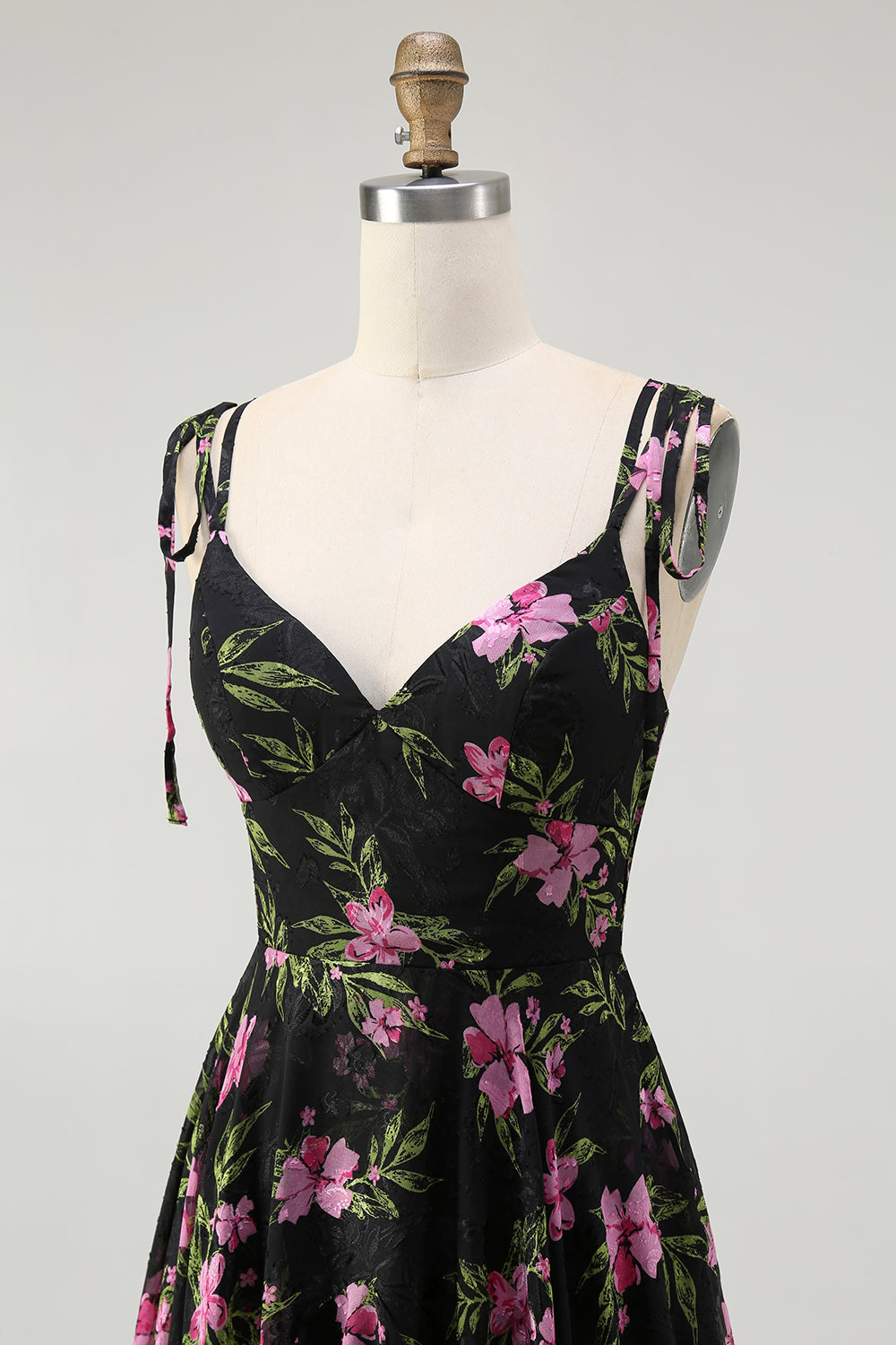 Black Pink Floral V-Neck Chiffon Long Bridesmaid Dress