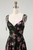Black Pink Floral V-Neck Chiffon Long Bridesmaid Dress