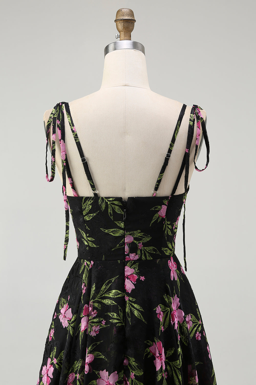 Black Pink Floral V-Neck Chiffon Long Bridesmaid Dress