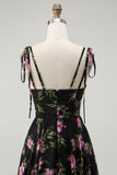 Black Pink Floral V-Neck Chiffon Long Bridesmaid Dress