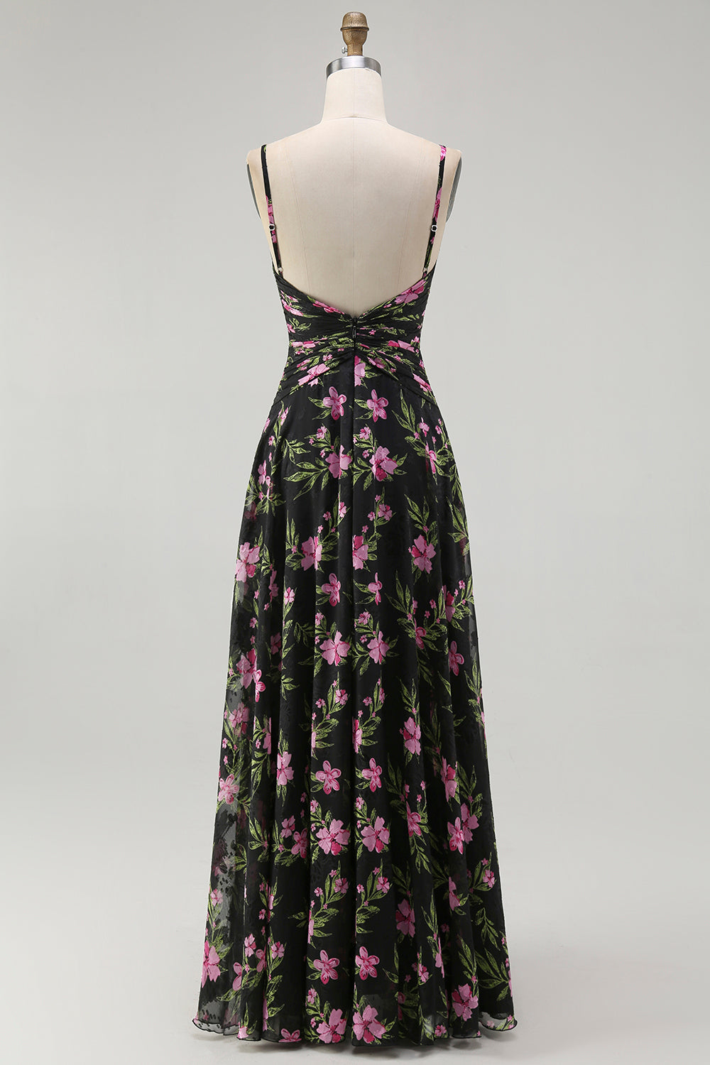 Black Pink Floral Chiffon Spaghetti Straps Long Bridesmaid Dress