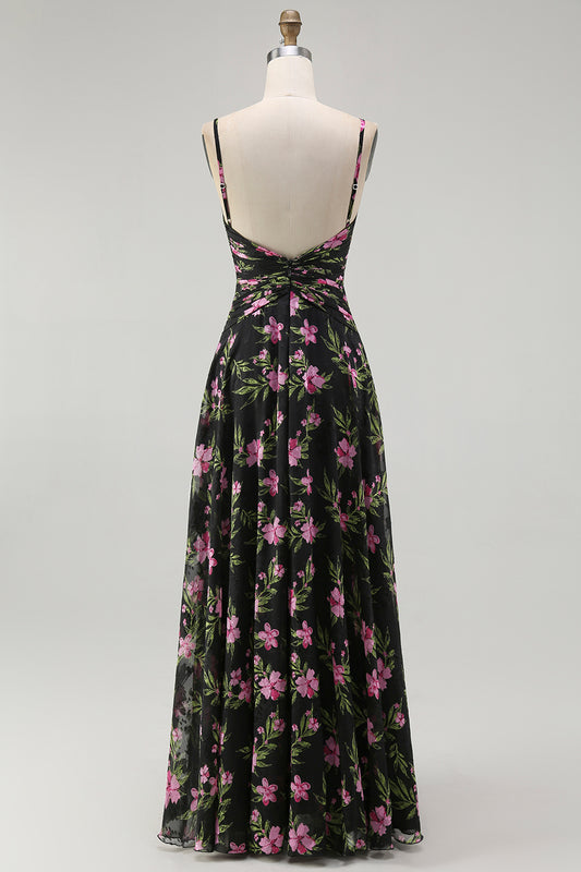 Black Pink Floral Chiffon Spaghetti Straps Long Bridesmaid Dress