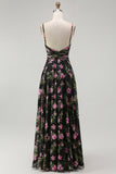 Black Pink Floral Chiffon Spaghetti Straps Long Bridesmaid Dress