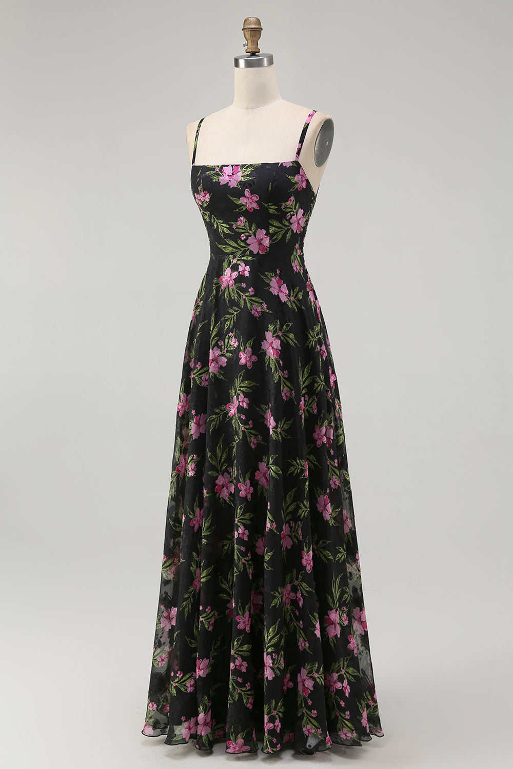 Black Pink Floral Chiffon Spaghetti Straps Long Bridesmaid Dress