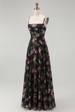 Black Pink Floral Chiffon Spaghetti Straps Long Bridesmaid Dress