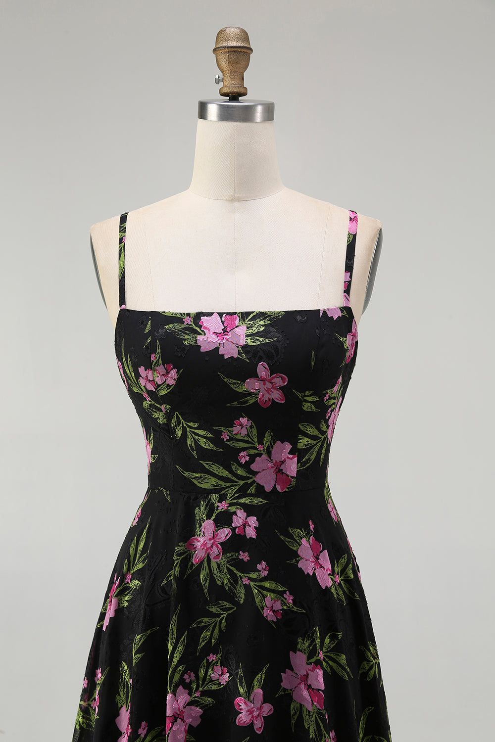 Black Pink Floral Chiffon Spaghetti Straps Long Bridesmaid Dress