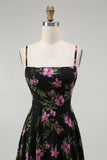 Black Pink Floral Chiffon Spaghetti Straps Long Bridesmaid Dress
