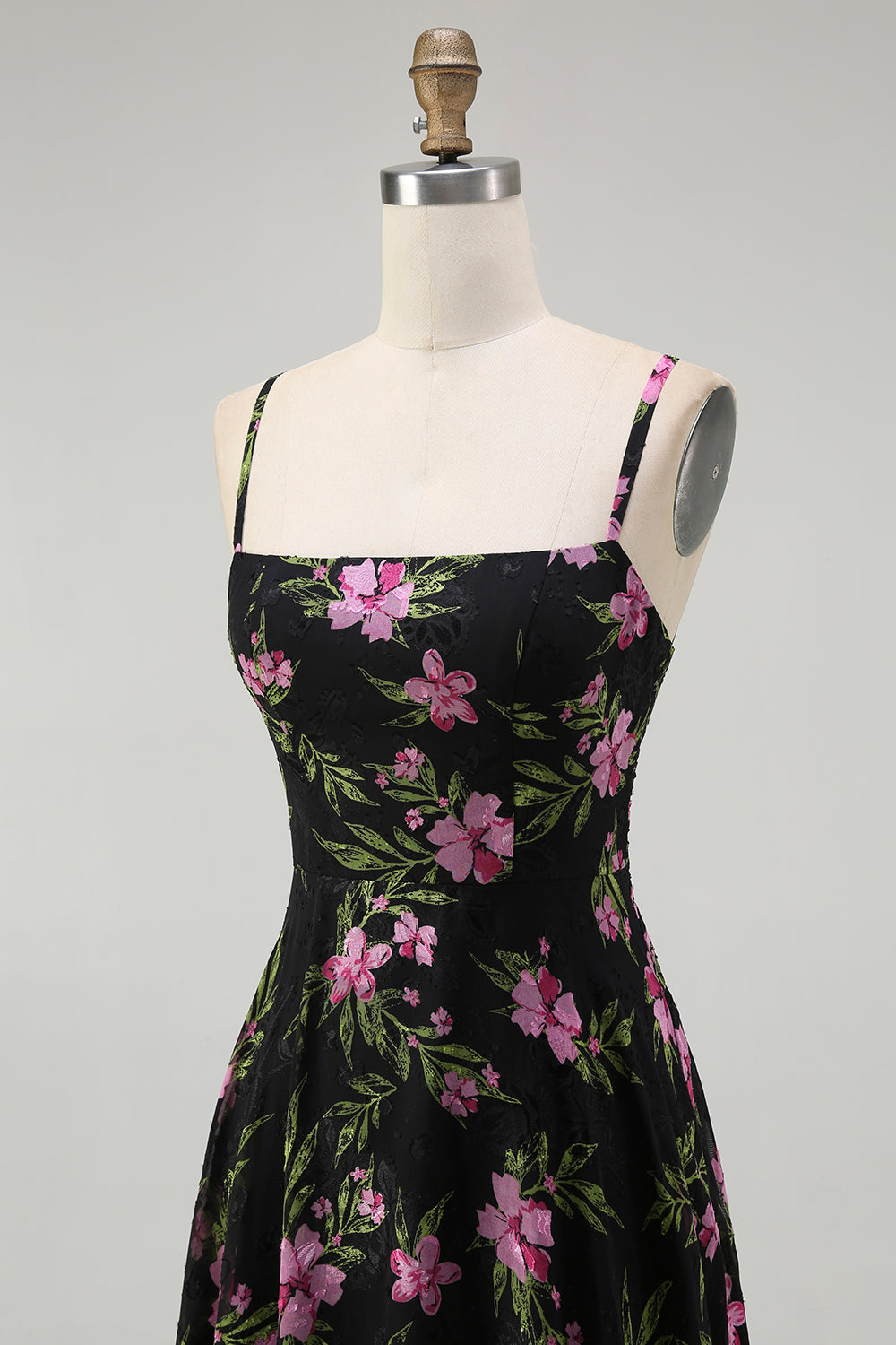 Black Pink Floral Chiffon Spaghetti Straps Long Bridesmaid Dress