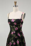 Black Pink Floral Chiffon Spaghetti Straps Long Bridesmaid Dress