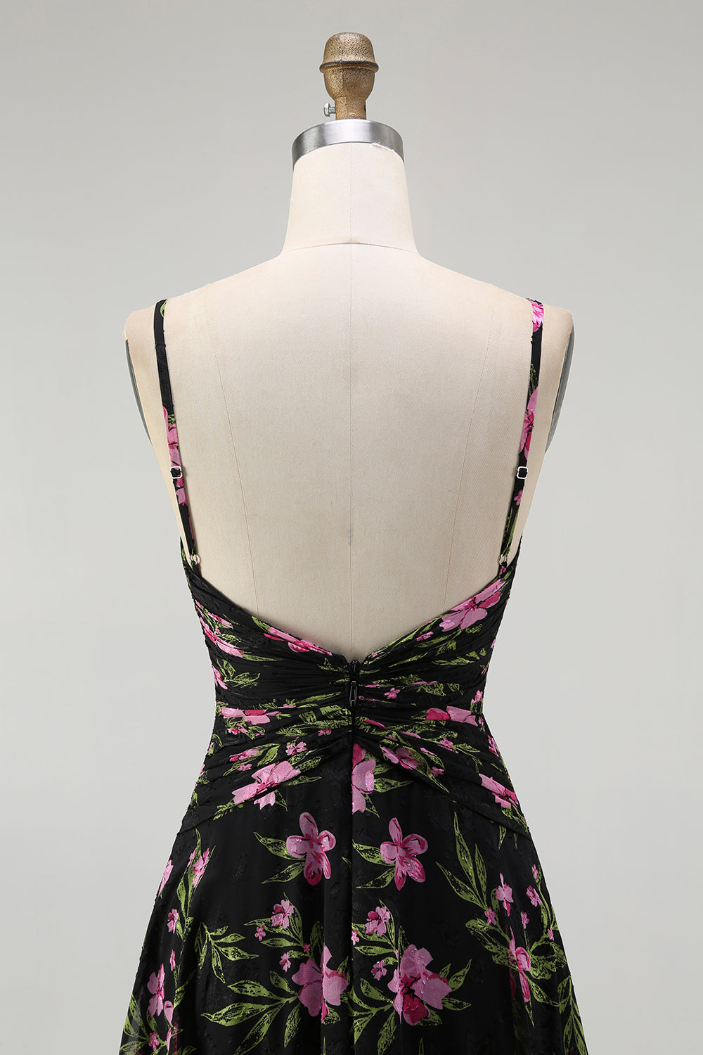 Black Pink Floral Chiffon Spaghetti Straps Long Bridesmaid Dress
