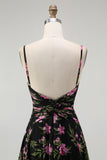 Black Pink Floral Chiffon Spaghetti Straps Long Bridesmaid Dress