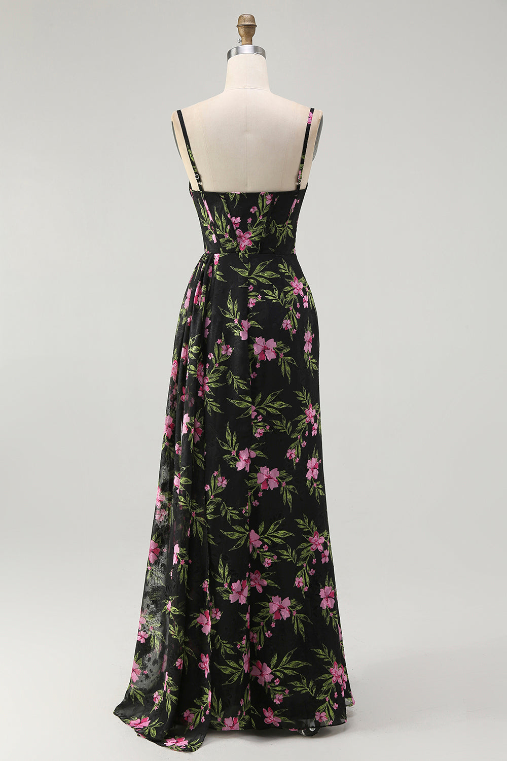 Black Pink Corset Floral Chiffon Long Bridesmaid Dress with Side Cape
