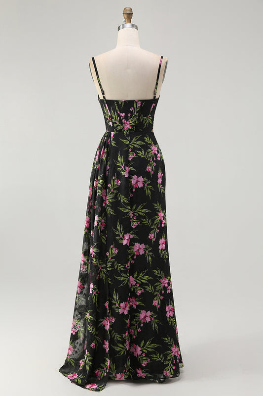 Black Pink Corset Floral Chiffon Long Bridesmaid Dress with Side Cape