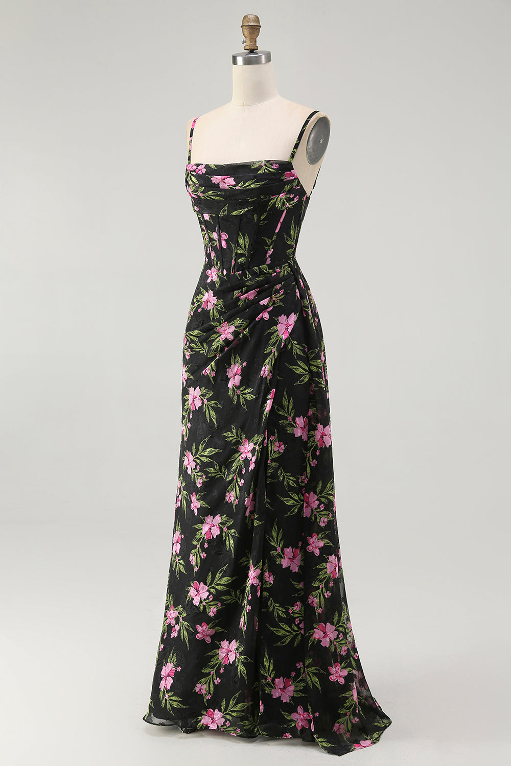 Zapakasa Women Black Pink Corset Floral Bridesmaid Dress with Side Cape Chiffon Spaghetti Straps Sheath Long Wedding Guest Dress Zapakasa Women Black Pink Corset Floral Bridesmaid Dress with Side Cape Chiffon Spaghetti Straps Sheath Long Wedding Guest Dress