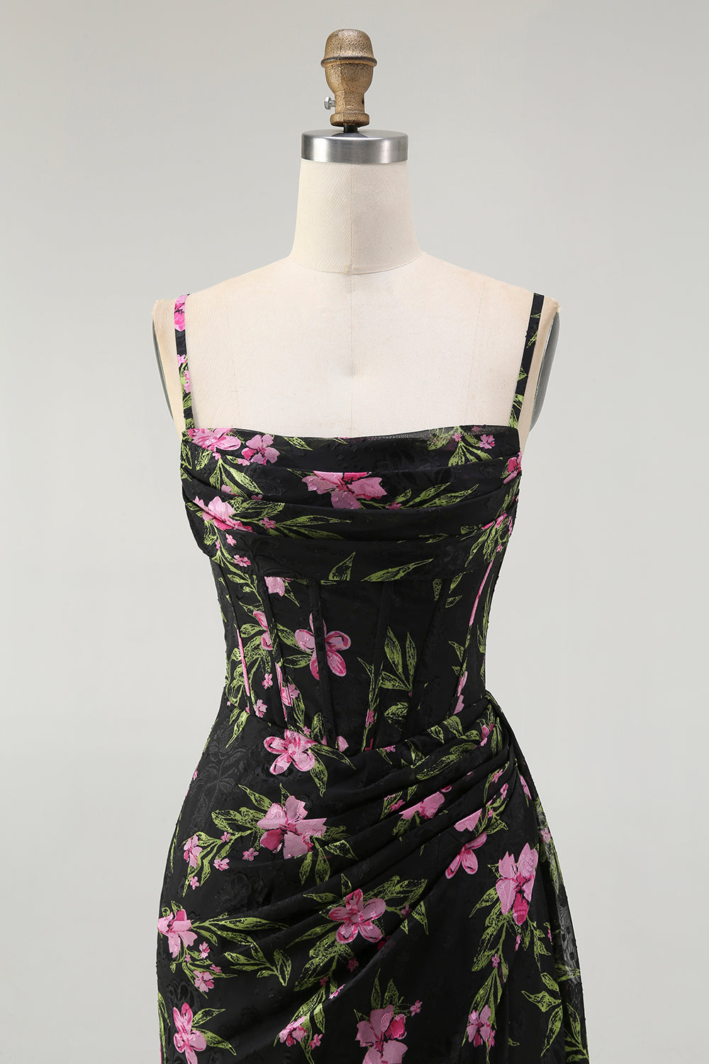 Black Pink Corset Floral Chiffon Long Bridesmaid Dress with Side Cape