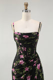 Black Pink Corset Floral Chiffon Long Bridesmaid Dress with Side Cape