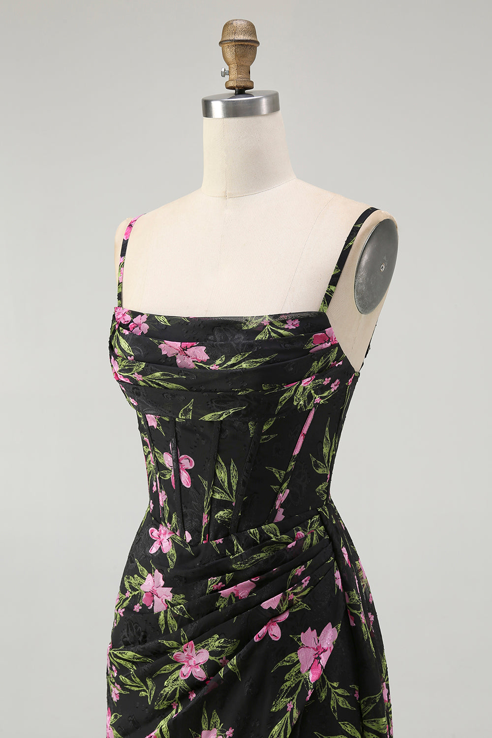Black Pink Corset Floral Chiffon Long Bridesmaid Dress with Side Cape